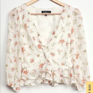 Ivory Floral Print Twist-Front Peplum Top